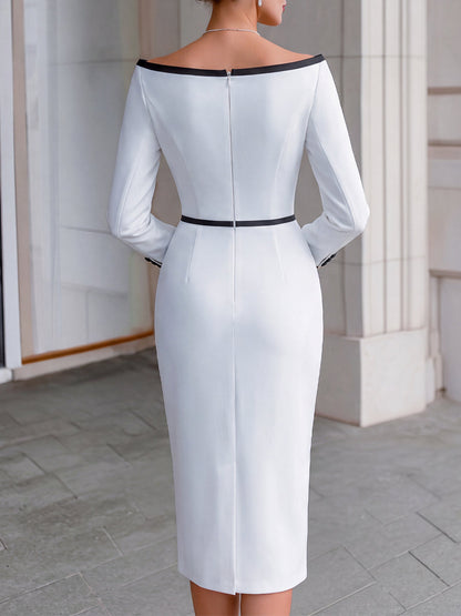 Bateau Neckline Contrast Trim Fitted Midi Dress