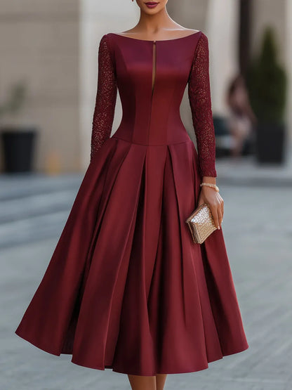 Bateau Neckline Satin Lace Sleeve Midi Dress