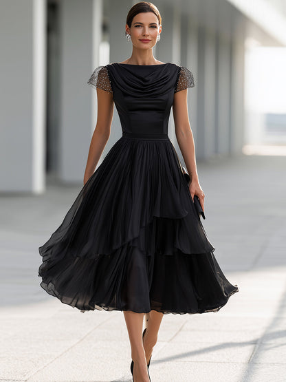 Elegant Formal Cowl Neck Satin Bodice Layered Chiffon Midi Cocktail Dress