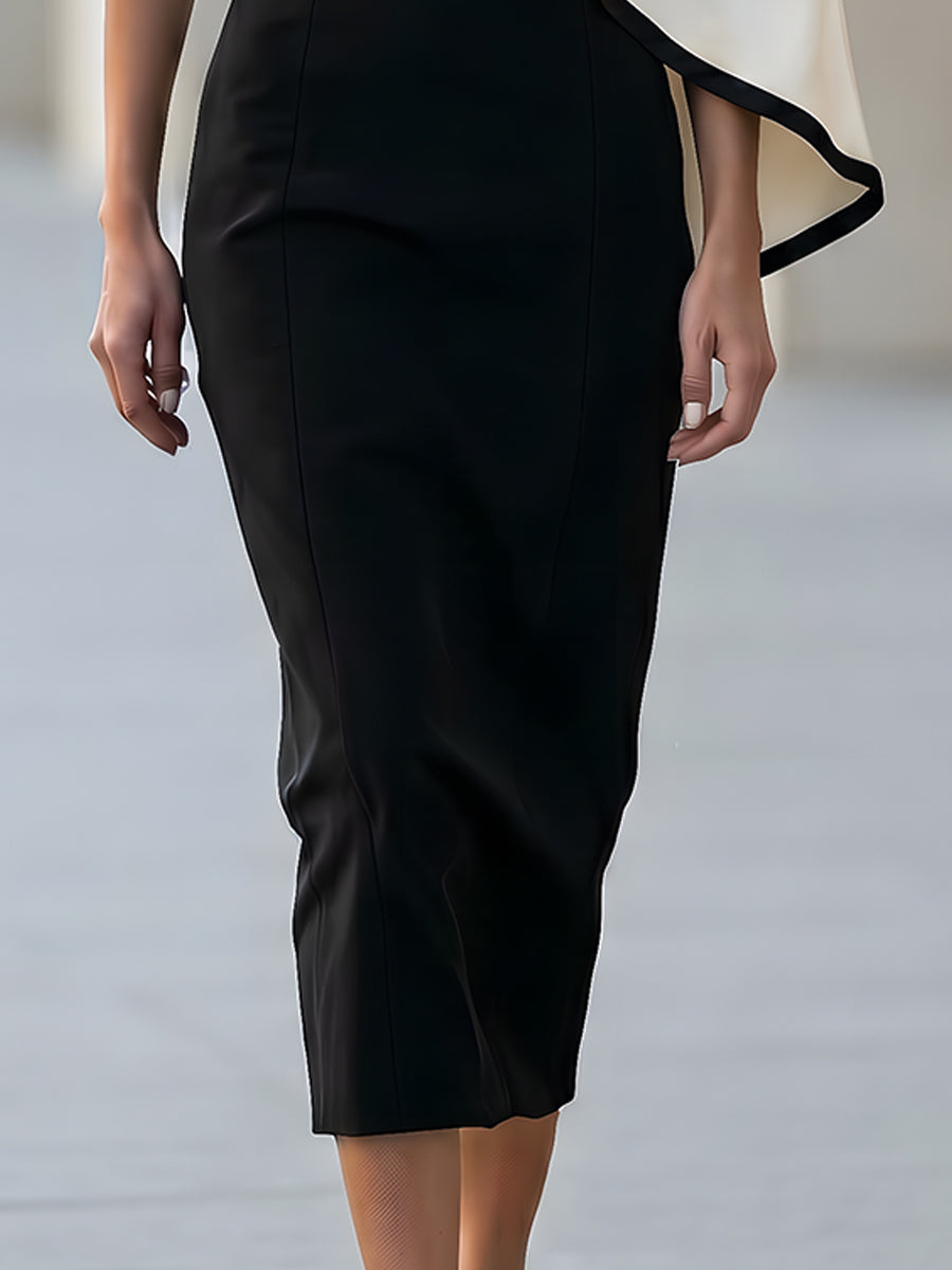Black Sheath Midi Dress With Asymmetric Cape Overlay In White Contrast Trim