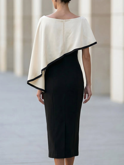 Black Sheath Midi Dress With Asymmetric Cape Overlay In White Contrast Trim
