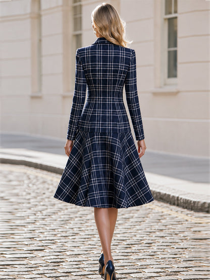 Notched Lapel Double Breasted  Plaid Long Sleeve Fit & Flare Midi Dress
