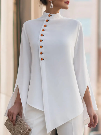 Asymmetrical Button Split Long Sleeves Blouse