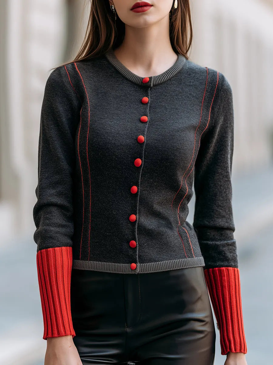 Contrast Trim Button-Front Knit Cardigan