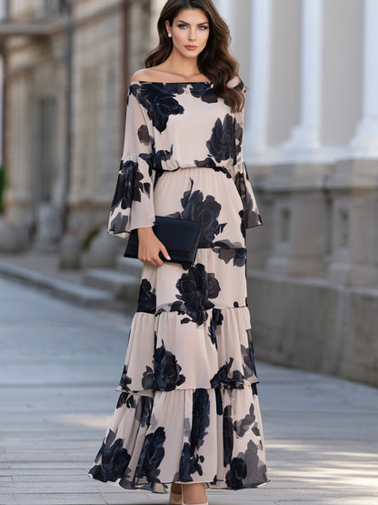 Off-Shoulder Floral Print Bell Sleeve Tiered Maxi Dress
