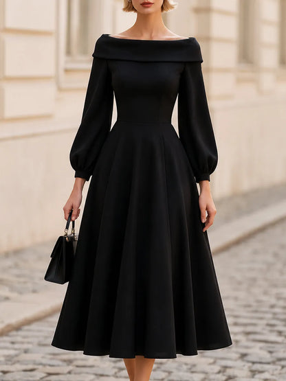 Off-The-Shoulder Balloon Long Sleeve Midi Flared Dress
