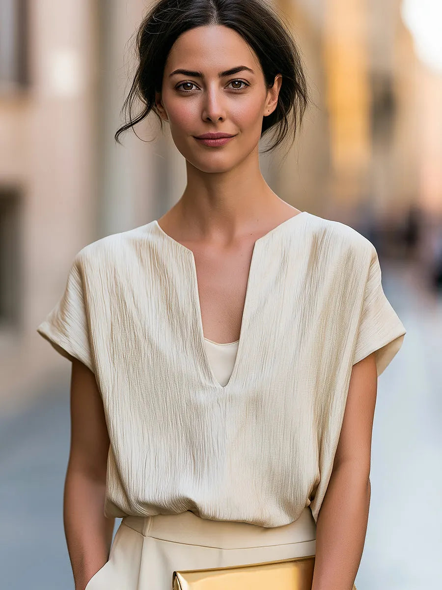 Minimalist Textured V-Neck Blouse With Relaxed Short Sleeves