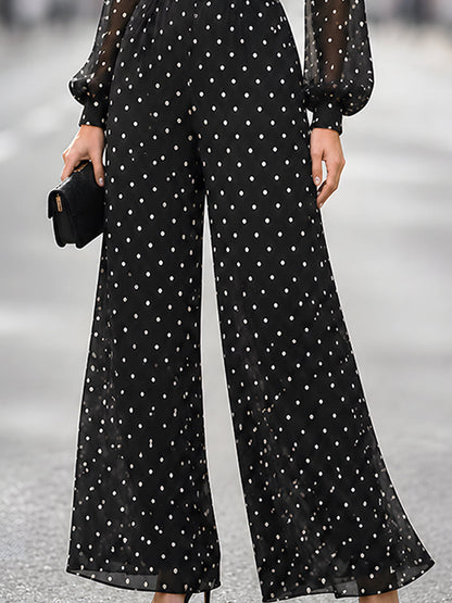 High-Neck Polka Dot Chiffon Wide-Leg Jumpsuit