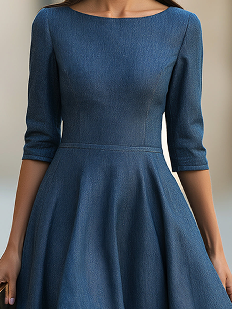 Sheer Hem Bateau Neck A-Line Midi Dress