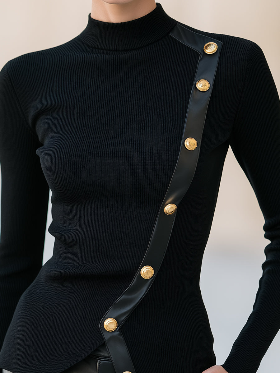 Asymmetric Button-Trim Mock-Neck Knit Top