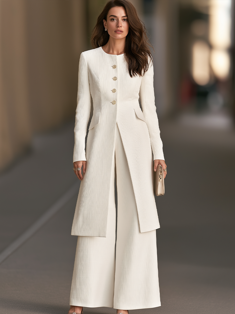Round-Neck Button-Front Longline Jacket And Wide-Leg Trouser Set