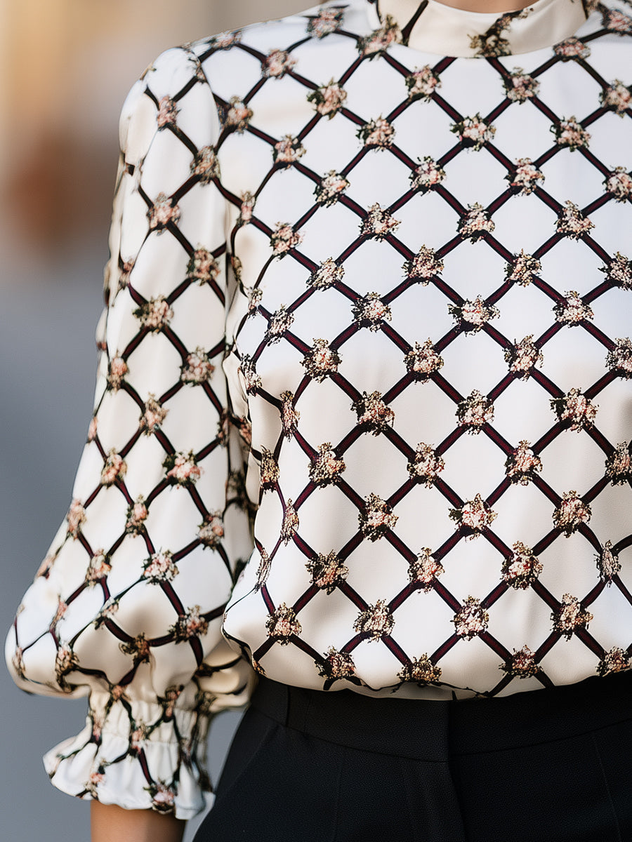 Geometric Floral Print Satin Blouse
