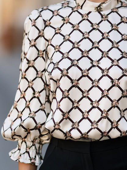 Geometric Floral Print Satin Blouse