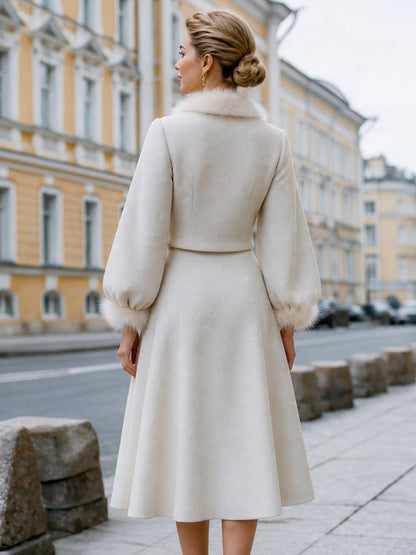 Faux-Fur Trim Wool-Texture Jacket And A-Line Skirt Set
