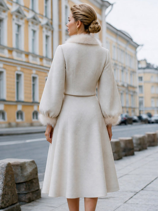 Faux-Fur Trim Wool-Texture Jacket And A-Line Skirt Set
