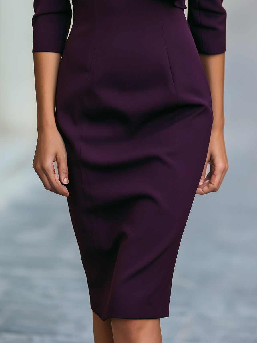 Deep Ruffle Neck Ruched Bodycon Midi Dress