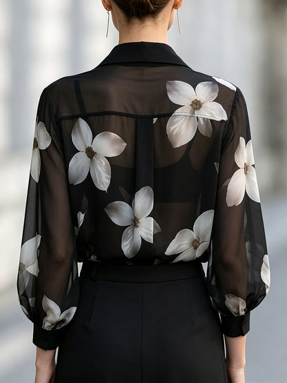 Elegant Black Sheer Floral Print Chiffon Blouse