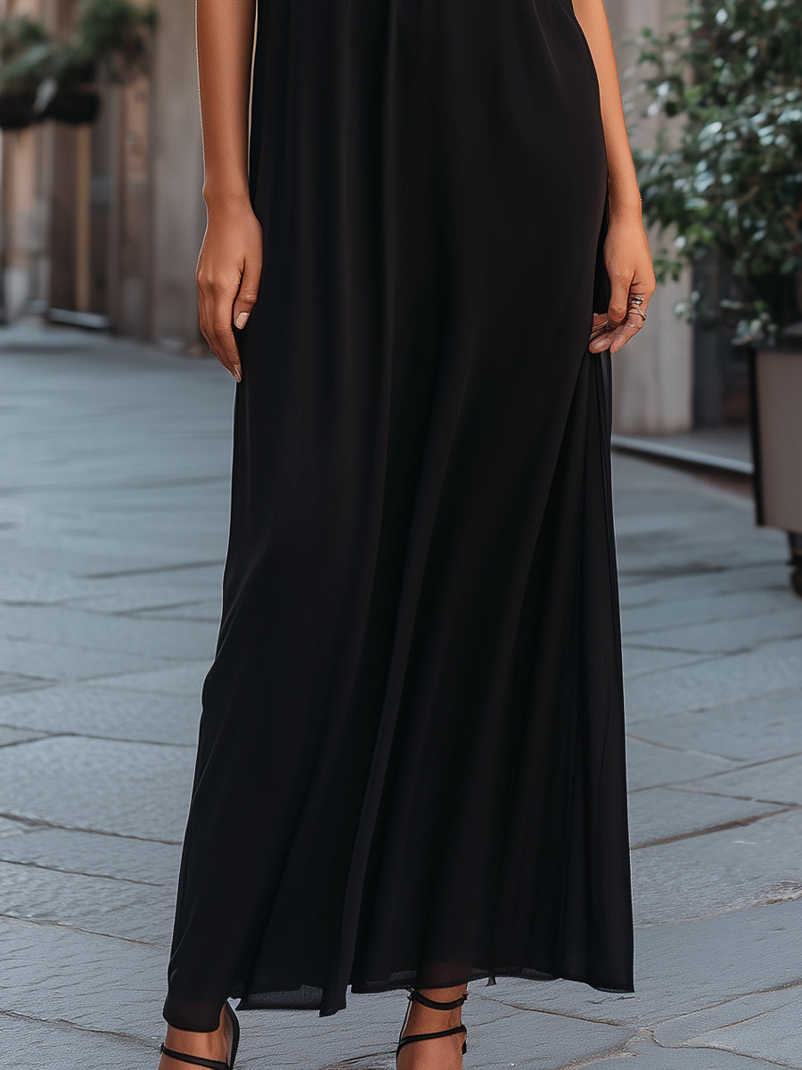 Ruffle Trim Spaghetti Strap Maxi Dress With Cold-Shoulder Detail