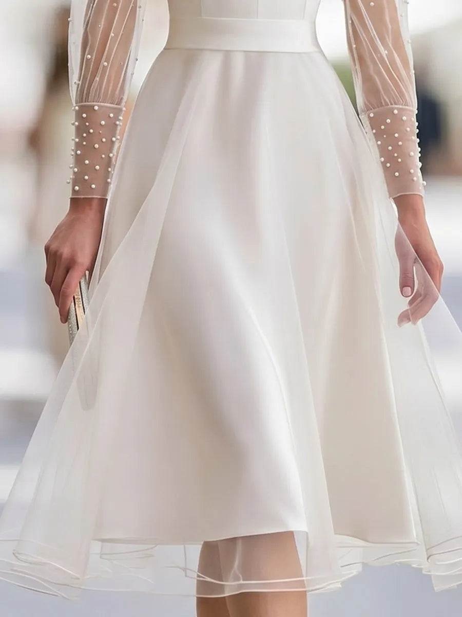 Pearl-Embellished Sheer Tulle Sleeve A-Line Midi Dress