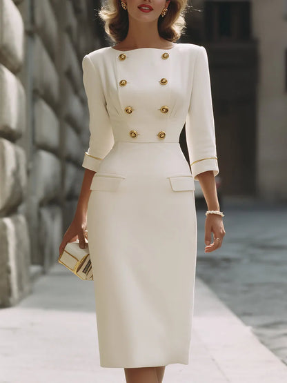 Gold Button Double-Breasted Tailored Midi Dress