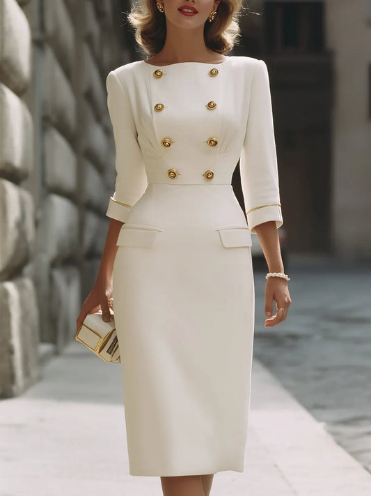 Vestido Midi Alfaiataria Transpassado com Botões Dourados