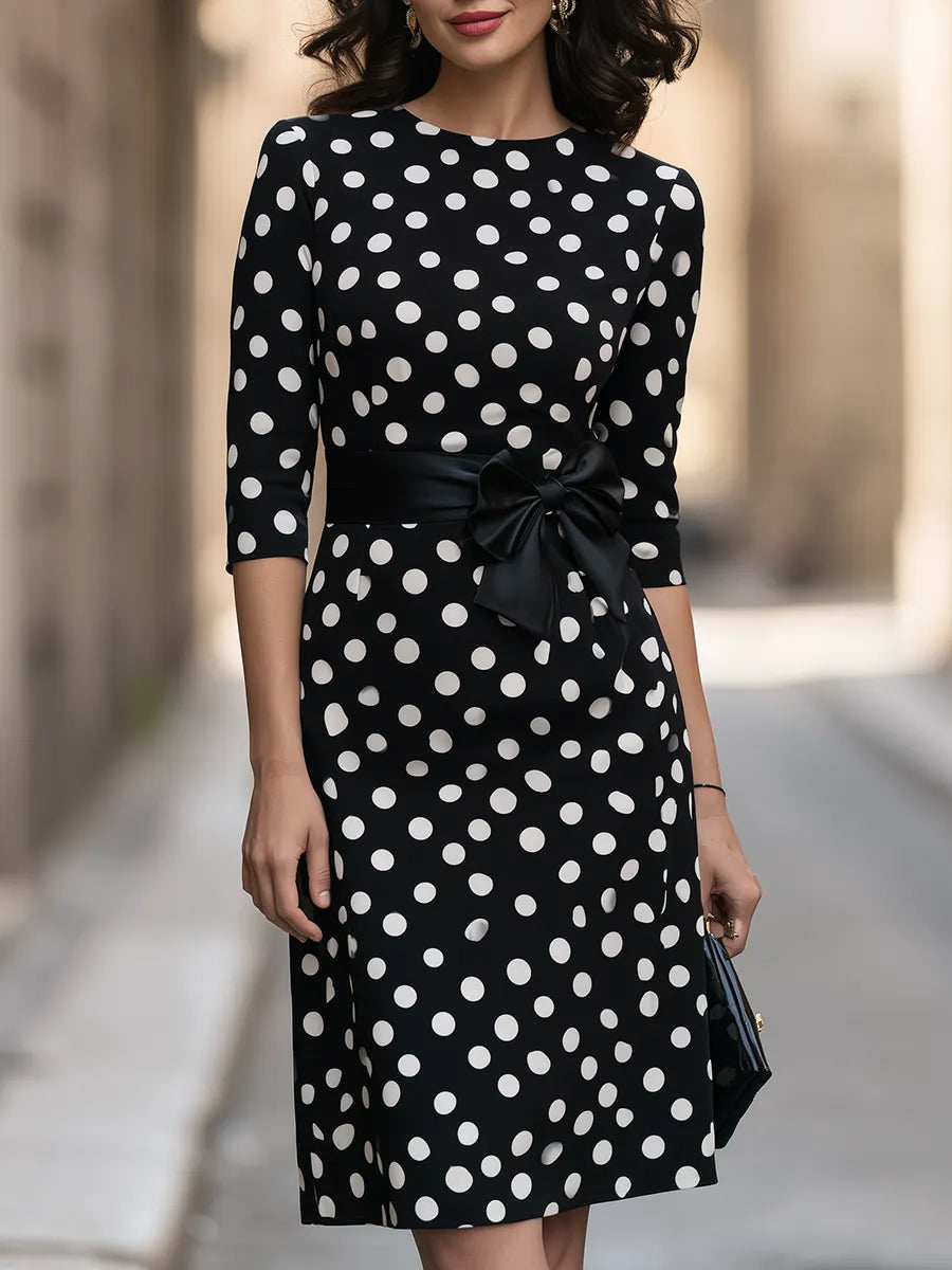 Polka Dot Print Bow-Waist Sheath Dress With 3/4 Sleeves