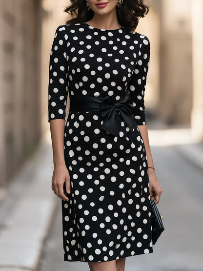 Polka Dot Print Bow-Waist Sheath Dress With 3/4 Sleeves