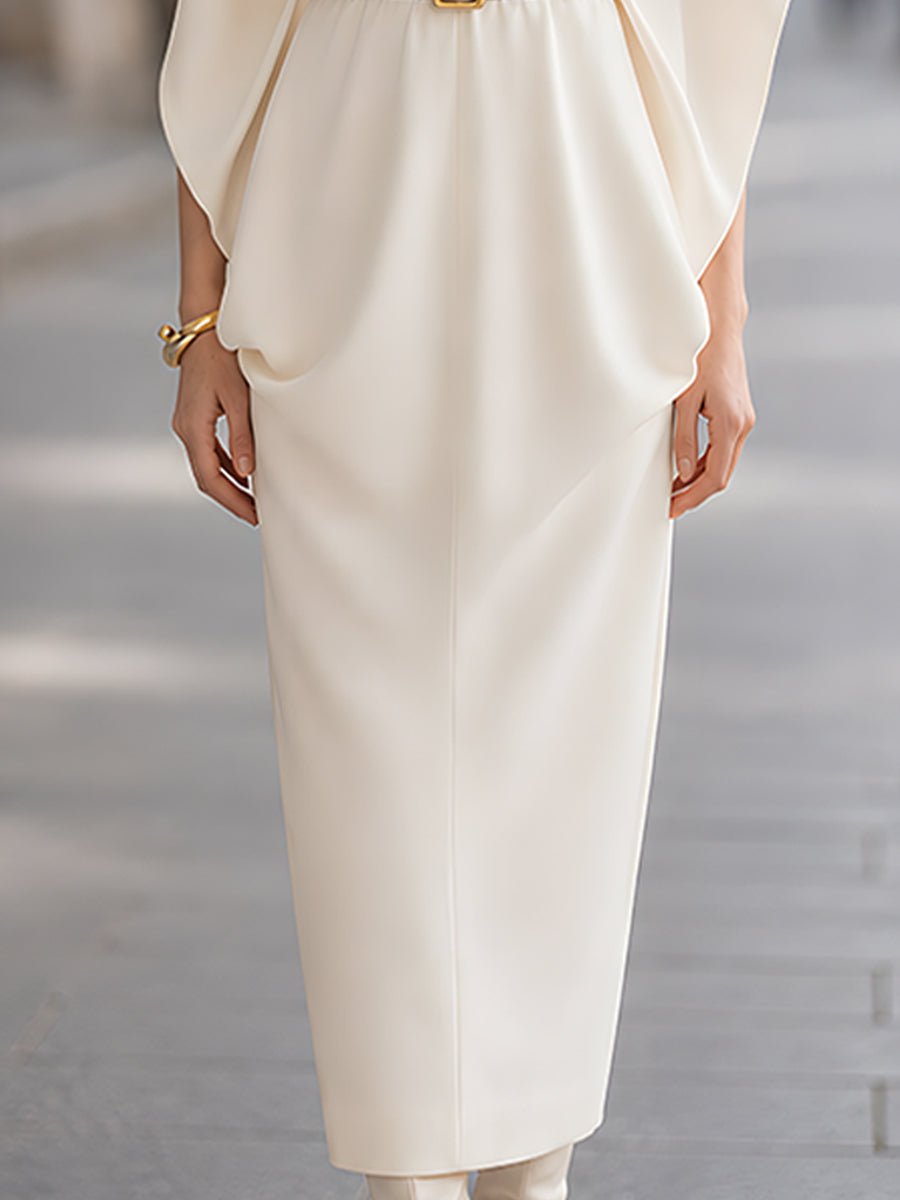 Midi Dress A Belt Cape Sleeves A Cowl Neckline