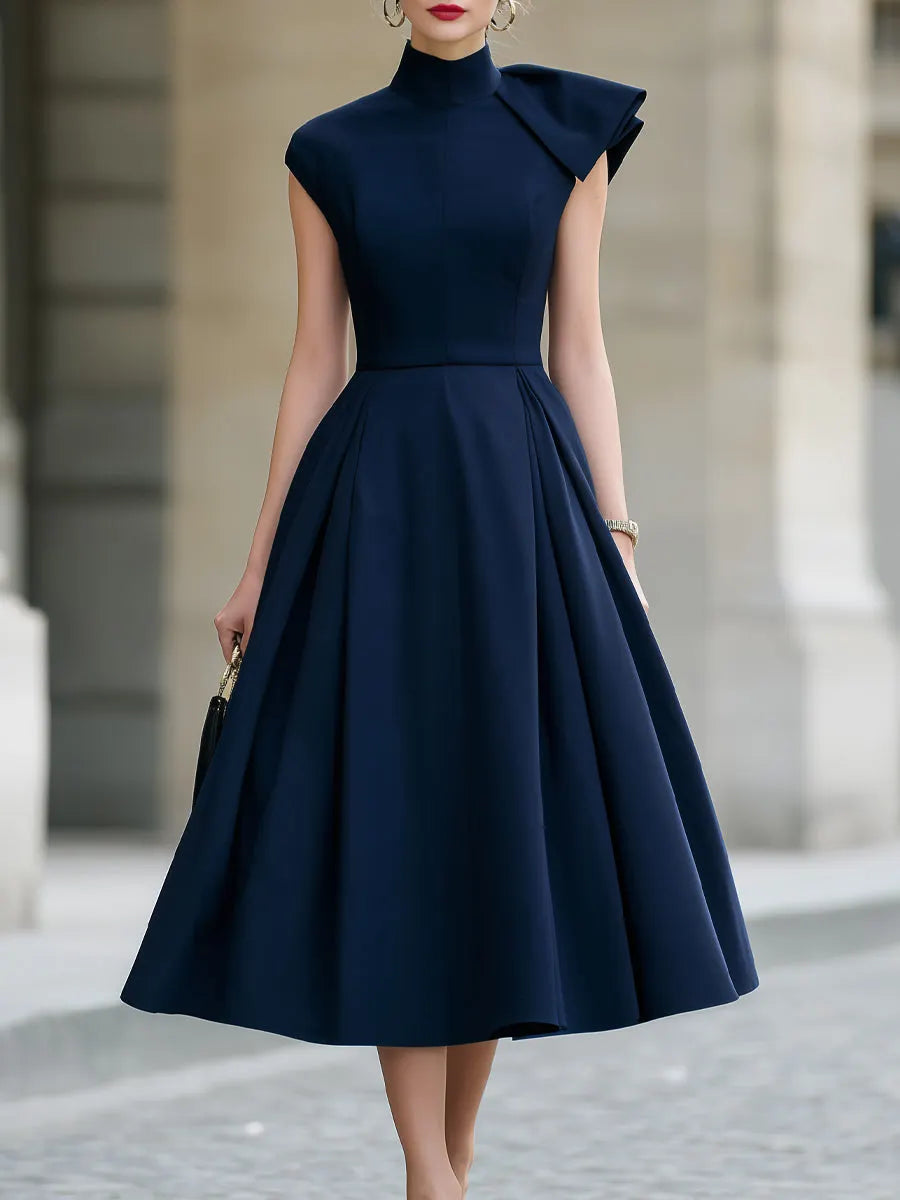 Asymmetric Cape-Sleeve Flare Midi Dress