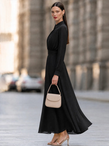 Women's Elegant Long Sleeve Shirt Collar Pleated A-Line Maxi Dress