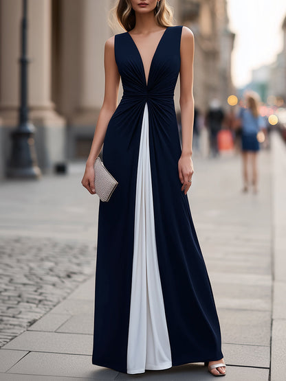 Ruched Deep V-Neck Contrast Panel Maxi Dress