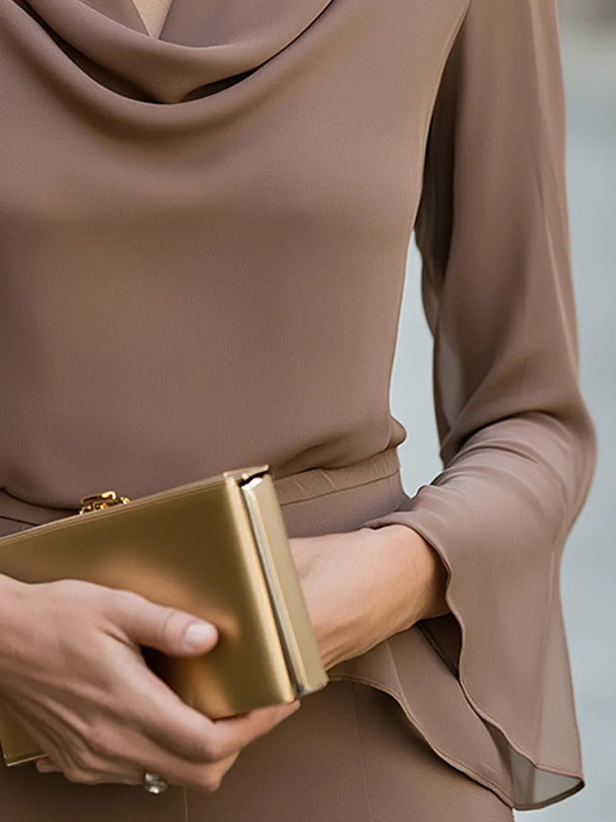 Draped Cowl Neck Flare Sleeve Blouse