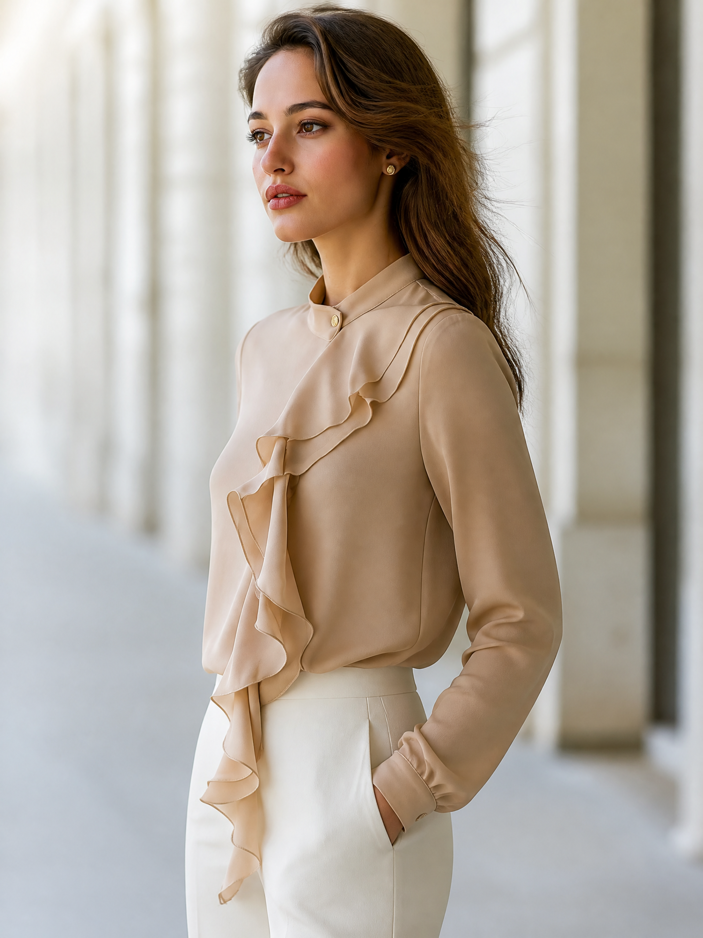 Symmetric Ruffle-Front Stand-Collar Blouse