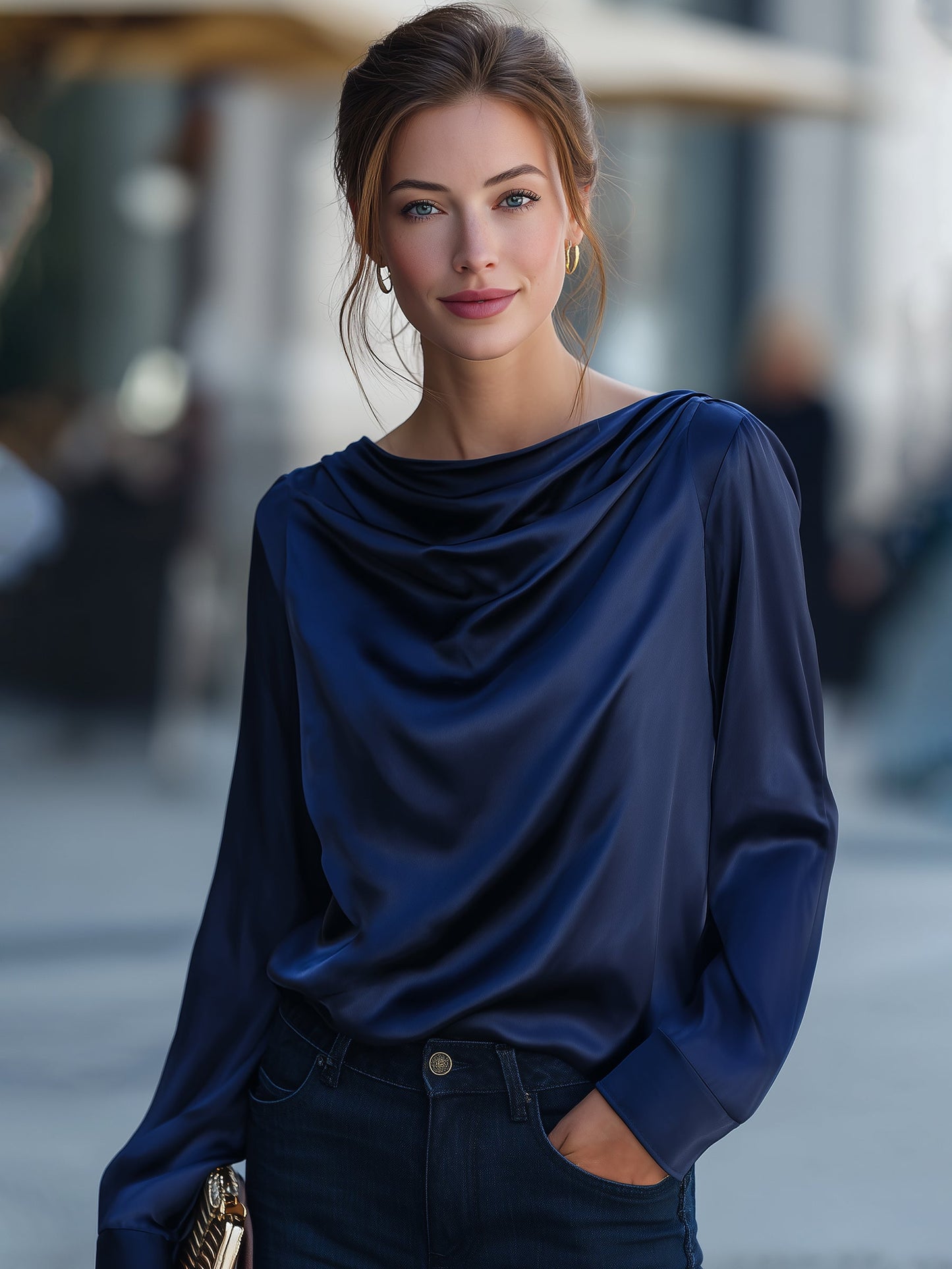 Satin Cowl-Neck Draped Long-Sleeve Top