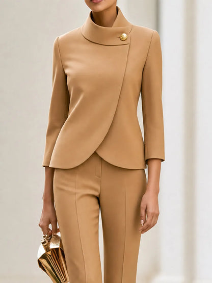 Asymmetric Stand Collar Blazer & Cropped Trouser 2-Piece Co-Ord Suit