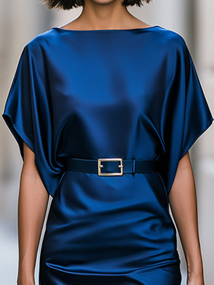 Belted Batwing Sleeve Satin Midi Dress