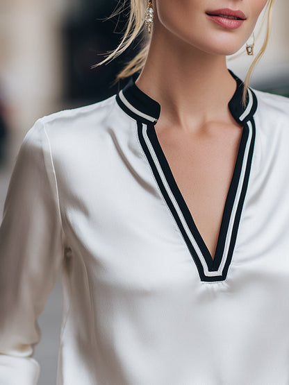 Contrast Trim V-Neck Satin Blouse