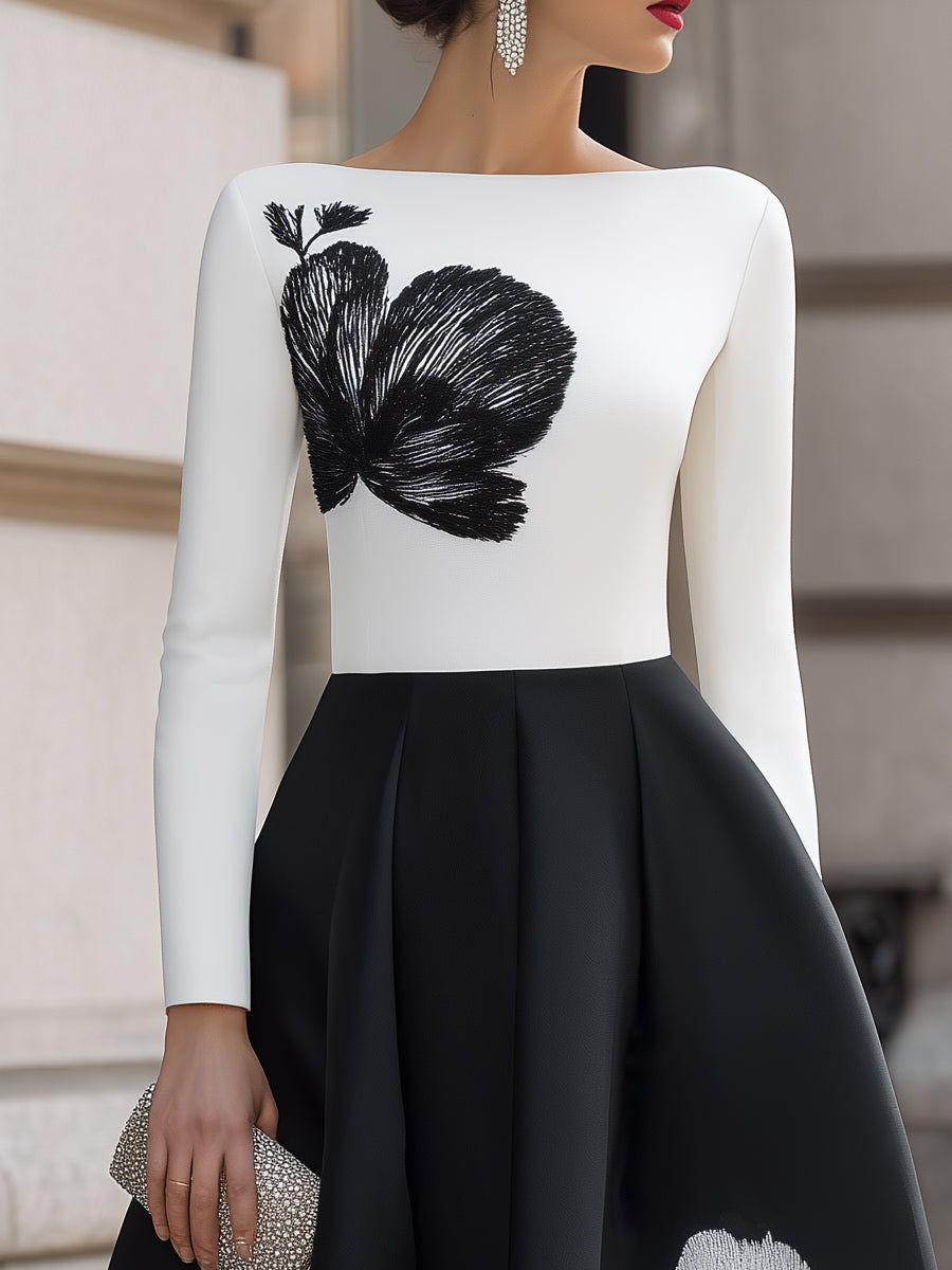Elegant Contrast Floral Embroidery Long Sleeve Midi Dress