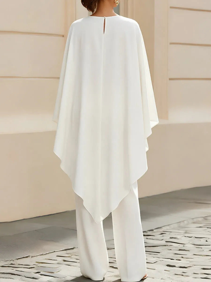 Boat Neck Cape Sleeve Cropped Blouse & High Waist Wide Leg Pants Two-Piece Set