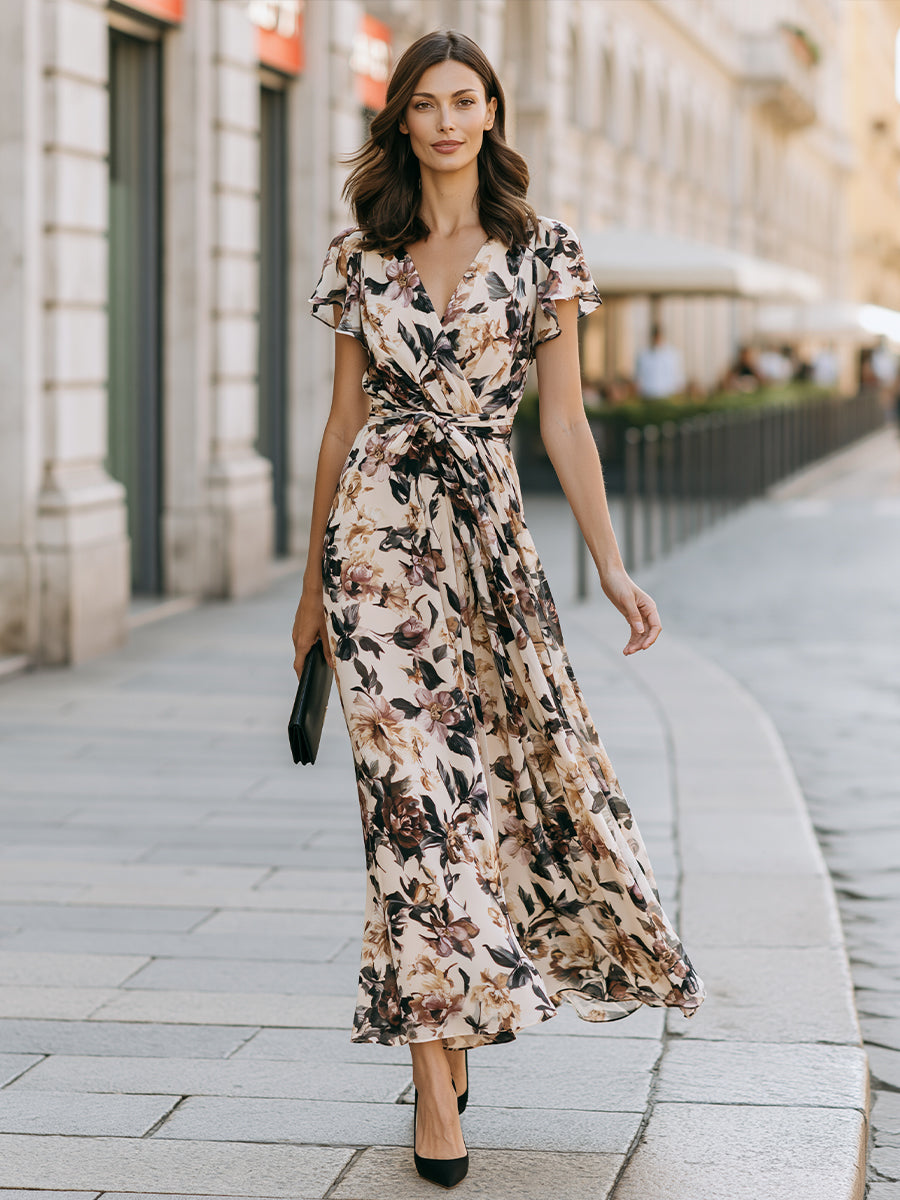 Elegant Floral Wrap Maxi Dress With Tie Waist And Flutter Sleeves