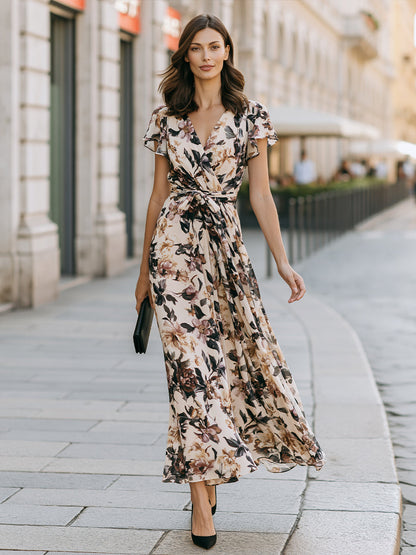 Elegant Floral Wrap Maxi Dress With Tie Waist And Flutter Sleeves