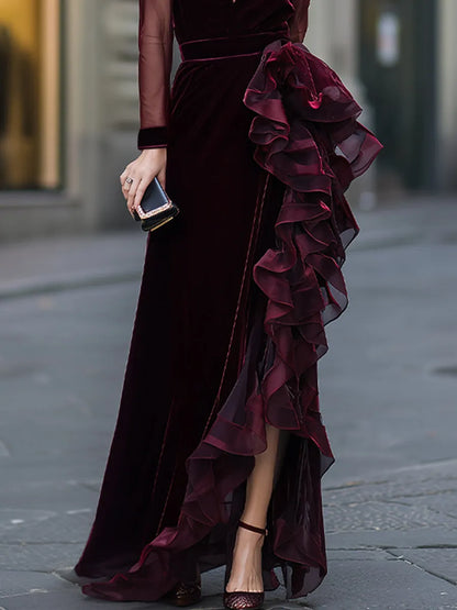 Sheer Sleeve Velvet Cascading Ruffle Evening Gown