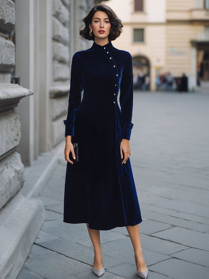 Asymmetric Button-Bodice Velvet A-Line Midi Dress