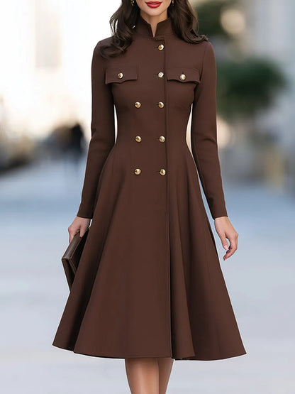 Elegant Double-Breasted Stand Collar A-Line Blazer Dress