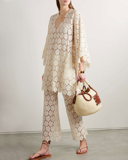 Cropped guipure lace top and straight-leg pants two-piece set