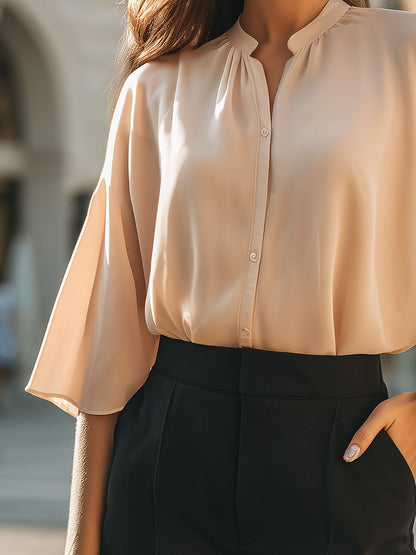 Soft Pleated Collar Flutter Sleeve Button-Up Blouse