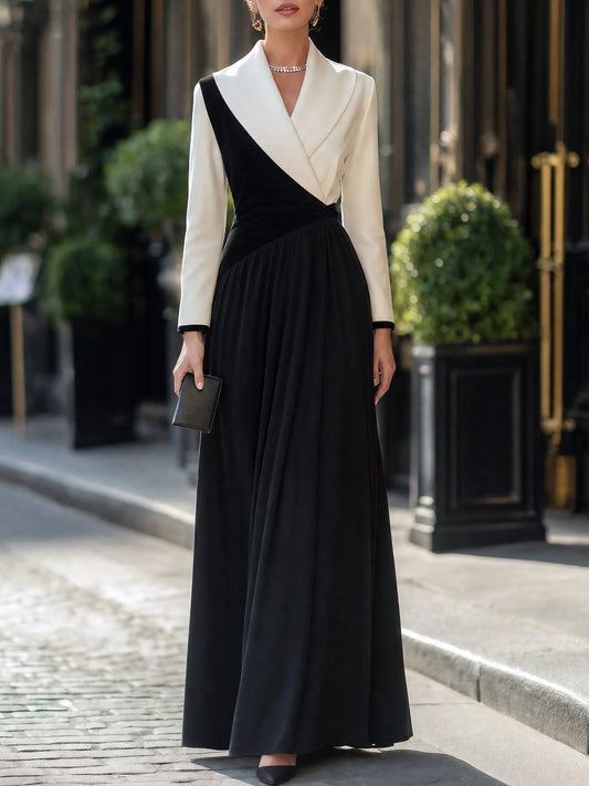 Robe longue évasée asymétrique à blocs de couleur et manches longues