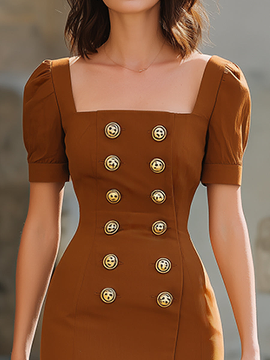 Double-Breasted Square-Neck Tailored Midi Shirt Dress