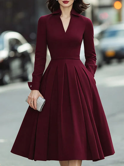 Open-Collar V-Neck Pleated Midi Dress