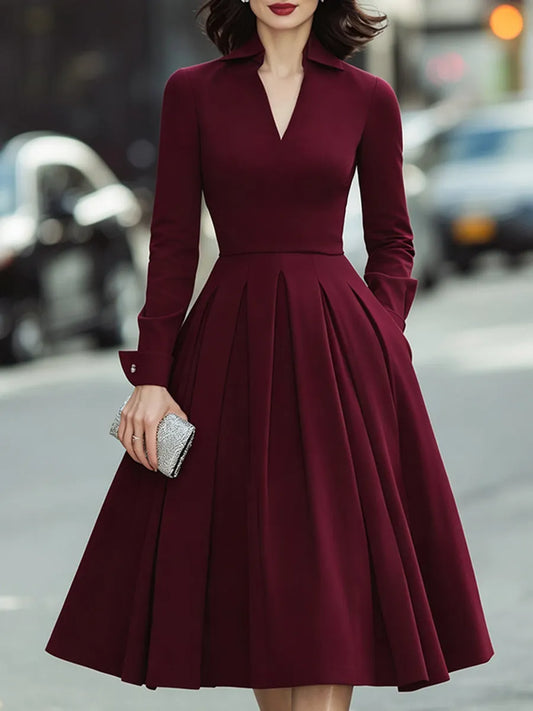 Open-Collar V-Neck Pleated Midi Dress